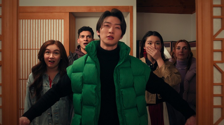 XO, Kitty. (L to R) Anna Cathcart as Kitty Song Covey, Anthony Keyvan as Quincy 'Q' Shabazian, Sang Heon Lee as Min Ho Moon, Audrey Huynh as Stella, Jocelyn Shelfo as Madison Miller in episode 204 of XO, Kitty. Cr. Courtesy of Netflix © 2024